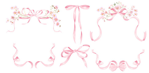 Watercolor Bouquets of Pink Tiny Wildflowers and Pink Satin Ribbon Bows. Hand-painted watercolor floral bouquets for wedding invitations, greeting cards, baby shower designs, Transparent PNG