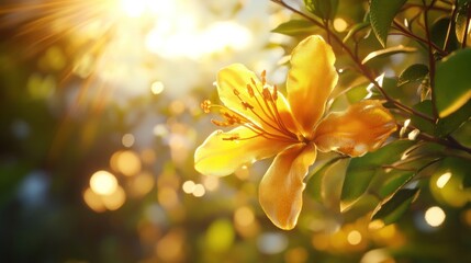 Golden flower bathed in sunlight, vibrant bokeh