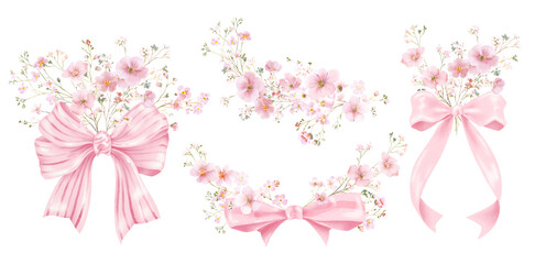 Watercolor Bouquets of Pink Tiny Wildflowers and Pink Satin Ribbon Bows. Hand-painted watercolor floral bouquets for wedding invitations, greeting cards, baby shower designs, Transparent PNG  © Yevheniia Poli