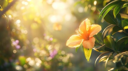 Golden sunlight bathes a peach-colored flower, surrounded by lush foliage