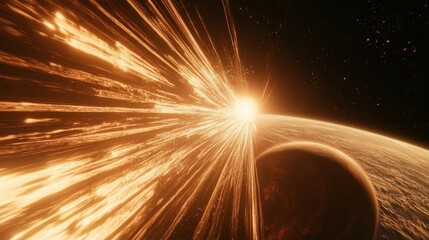 Golden energy erupts from a sunrise over an alien planet