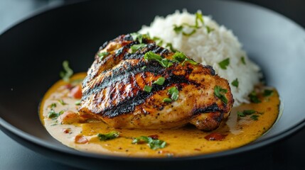 Grilled chicken breast with a creamy orange sauce and rice, served on a black plate