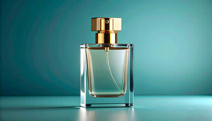 Elegant Perfume Bottle on Teal Background, Gold Accents