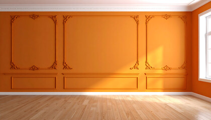Elegant Orange Wall with Ornate Trim and Wooden Floor in Bright Room