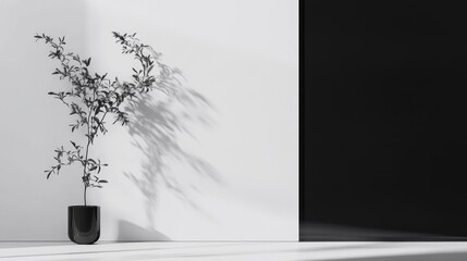 Minimalist plant in a pot, casting shadows on a white wall, beside a black wall
