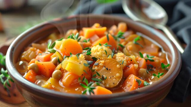 A bowl of soup with vegetables and herbs. The soup is full of vegetables and herbs, and it looks delicious