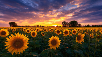 Sunflower Field at Sunset: An expansive field of vibrant sunflowers basks in the golden glow of a breathtaking sunset, painting the sky with hues of orange and purple. © malik