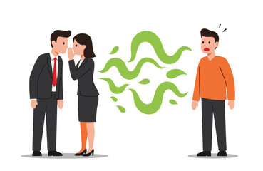 Fototapeta premium A metaphor for office politics and gossip. One figure whispers to another, and poisonous green snakes extend from them towards a third person, symbolizing toxic influence and underhanded games.