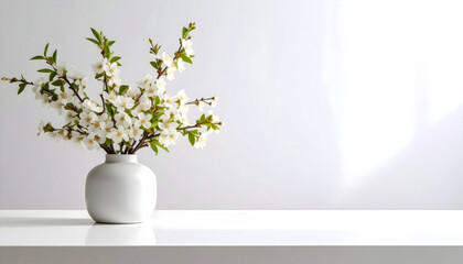 Elegant White Cherry Blossoms in a Simple Vase on a Glossy White Surface