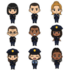 Set of police officer characters with different emotions and expressions in flat cartoon style