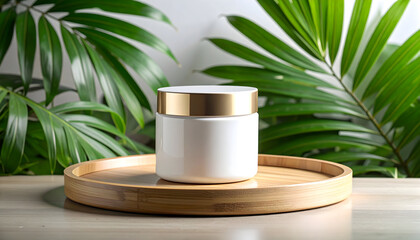 Elegant White Cosmetic Jar on a Wooden Tray with Lush Green Palm Leaves