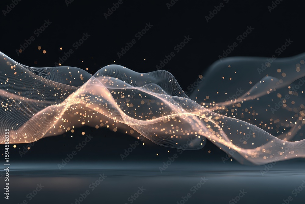 Poster abstract flowing lines with gold particles on dark gradient backdrop. use for technology, science, o