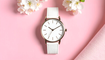 Elegant White Watch with Blossoms on Pink Background, Minimalist Composition