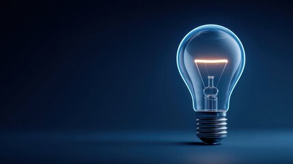 Glass light bulb glowing on dark blue background. Good for illustrating ideas, innovation, and inspiration.