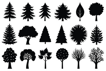 Assorted Collection of Black Tree Silhouettes, Isolated Evergreen and Deciduous Tree Varieties on White Background