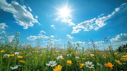 Blue Sky Above a Tranquil Meadow with Flowers 