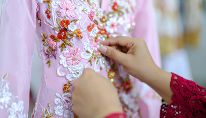 Embroidered pink dress with floral details being embellished by hand