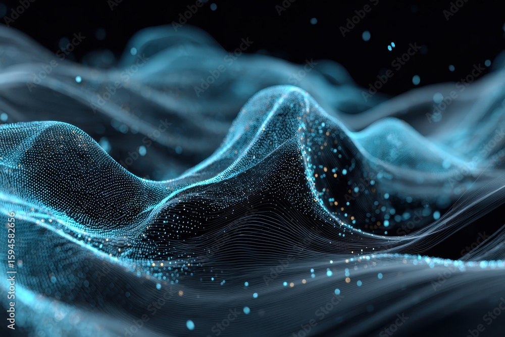 Poster abstract flowing blue wave particle mesh on a dark background. ideal for tech, science, or futuristi