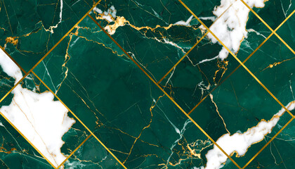 Emerald Green Marble Texture with Gold Geometric Lines and White Veins