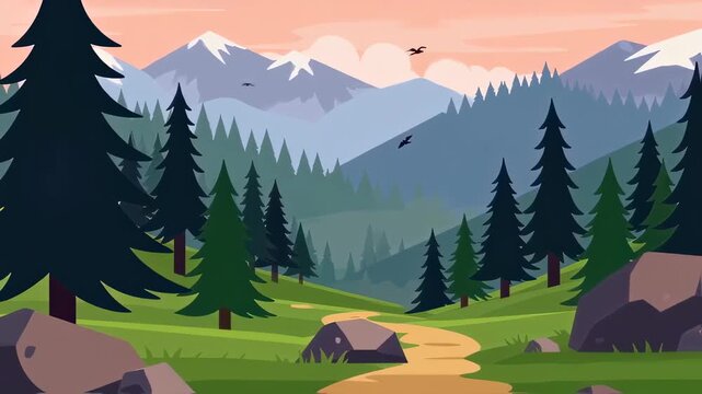 Beautiful Mountain Landscape with Forest and Pathway in a Cartoon Style Illustration