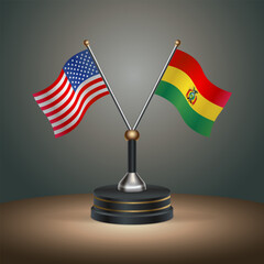 United States (USA) relations and Bolivia table flag with gradient color background