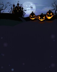 Spooky Halloween Night with Castle Pumpkins Bats and Full Moon Illustration