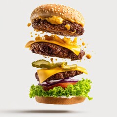A hamburger falling into the air