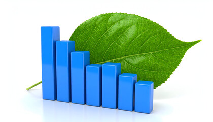Environmental Sustainability Concept: Blue Bar Graph with Green Leaf on White Background