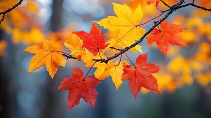 Bright Red and Yellow Leaves in Autumn Forest 