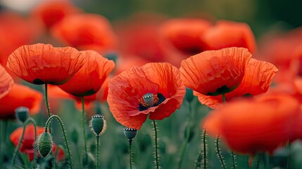 Bright Red Poppies in Bloom on Green Field -