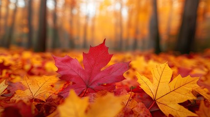 Bright Red and Yellow Leaves in Autumn Forest 