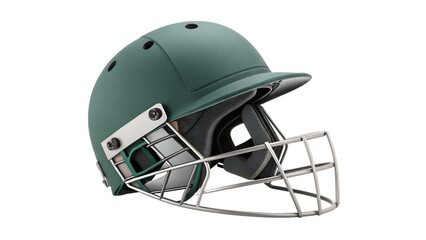 A green cricket helmet with a metal grid is isolated on a transparent background, ready for protective sports gear