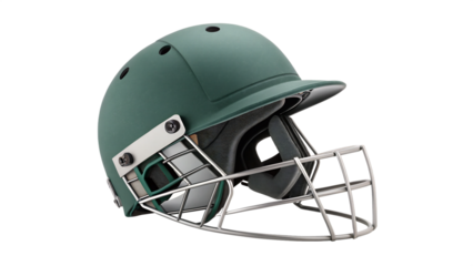A green cricket helmet with a metal grid is isolated on a transparent background, ready for protective sports gear