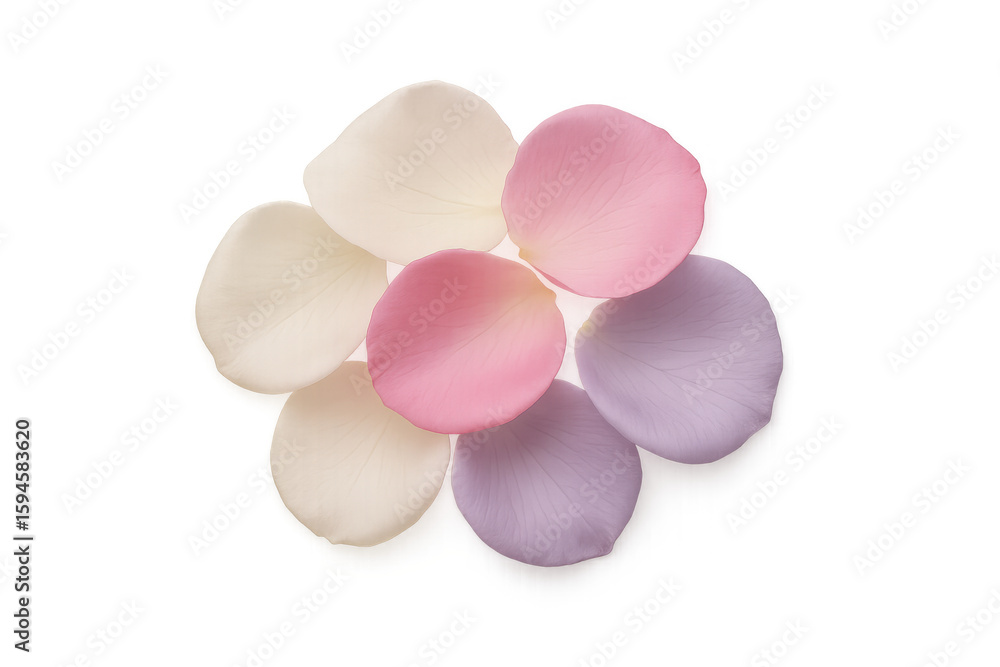 Poster pastel-colored rose petals arranged in a circular pattern, creating a delicate and romantic composit