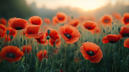 Bright Red Poppies in Bloom on Green Field -
