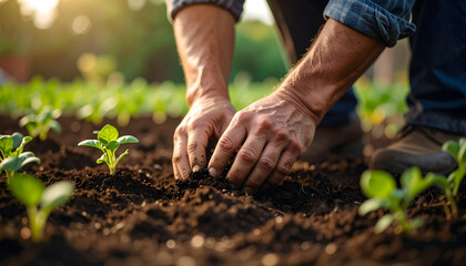 Farmers Hands Planting Seedlings in Rich Soil at Sunset
