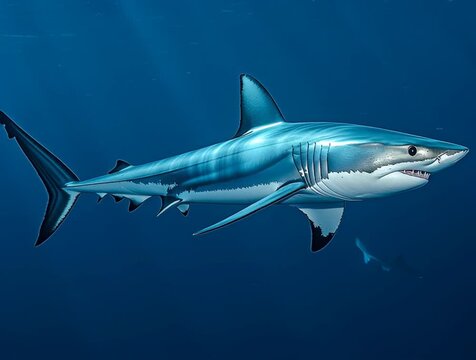 Realistic mako shark swimming in the deep blue ocean water