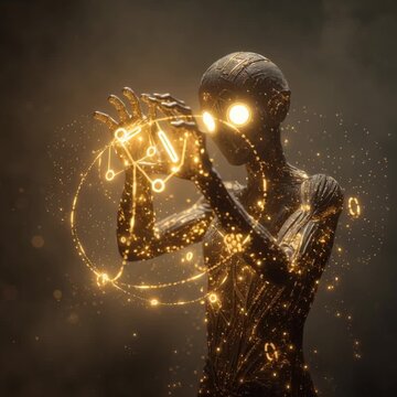 Mystical humanoid figure with glowing eyes manipulating a light network