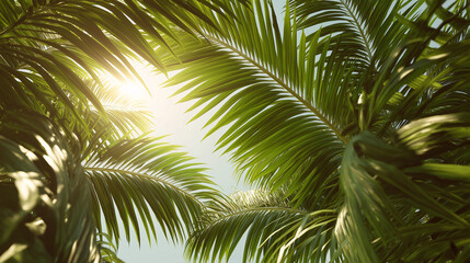 Fototapeta premium Lush Palm Canopy: A vibrant display of verdant palm leaves reach towards the sun. The image conveys a feeling of tropical tranquility and natural beauty.
