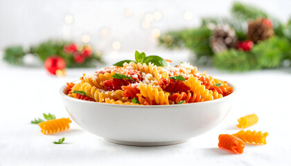 Festive Fusilli Pasta with Tomato Sauce, Parmesan, and Basil on White Table