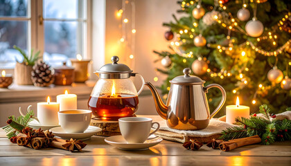 Festive Tea Time: Christmas Tree, Candles, and Cinnamon Sticks on Wooden Table