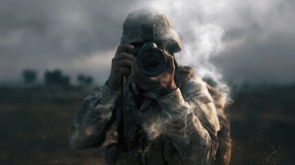 Double exposure of war photographer with dramatic landscape