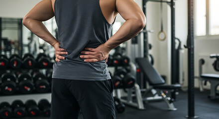 Man with lower back pain in gym. Male athlete holding his back in discomfort during a workout, suggesting injury.