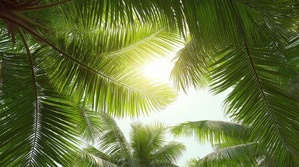 Fototapeta premium Sunlit Canopy of Palm: An enchanting, low-angle perspective gazes up through the verdant fronds of palm trees.