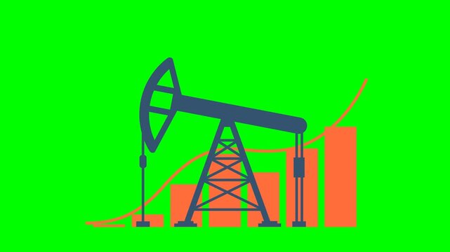 Oil rig on background of graphs charts. Price increase. Pumpjack on oil price chart, financial data. Land crude oil drilling rig, derrick, pump jack. Price per barrel. 2d flat animation. Alpha channel