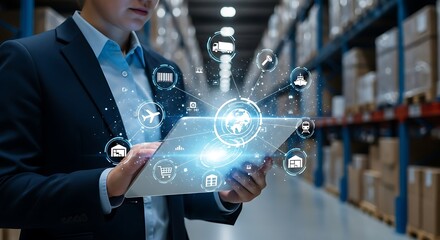 A person in a warehouse using a tablet with digital interface icons.