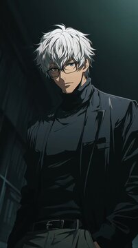 Anime man with white hair and glasses in a dark setting