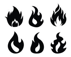 Collection of Six Black Flame Icons on a White Background in Varied Shapes and Styles