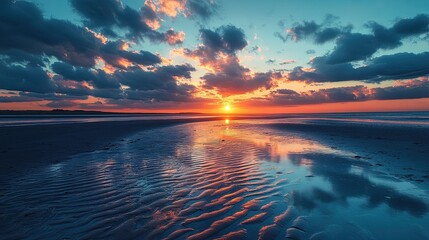 Calm Beach with Low Tide and Sunset 