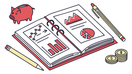 Open Financial Book with Charts and Piggy Bank.